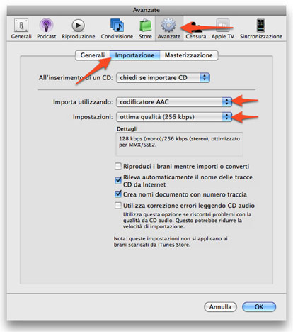 itunes_setup_aac itunes impostare qualità audio setup mp3 aac kbps
